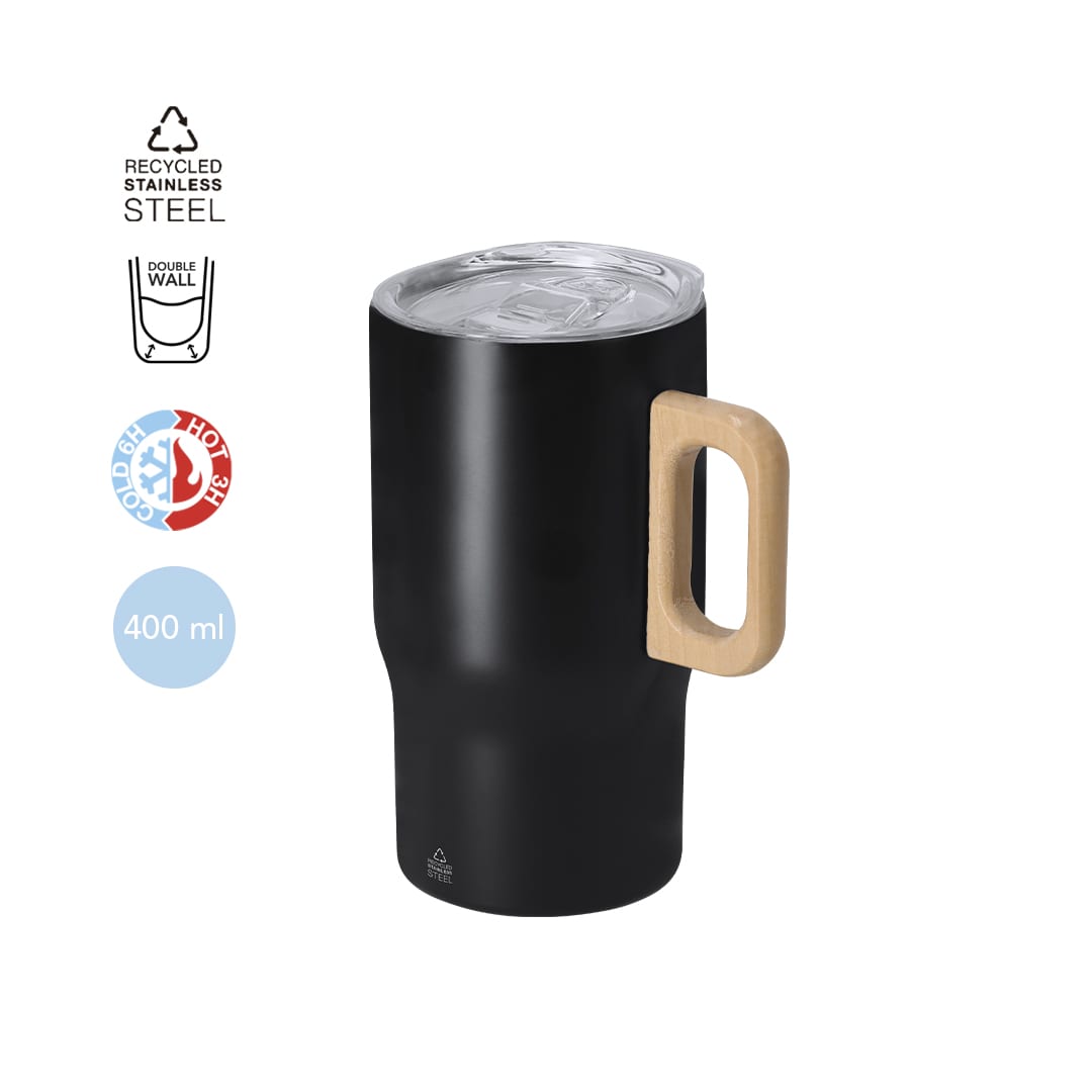A black insulated travel mug with a wooden handle, featuring a transparent lid and double-wall construction. Zaran Insulated Mug - Image 1
