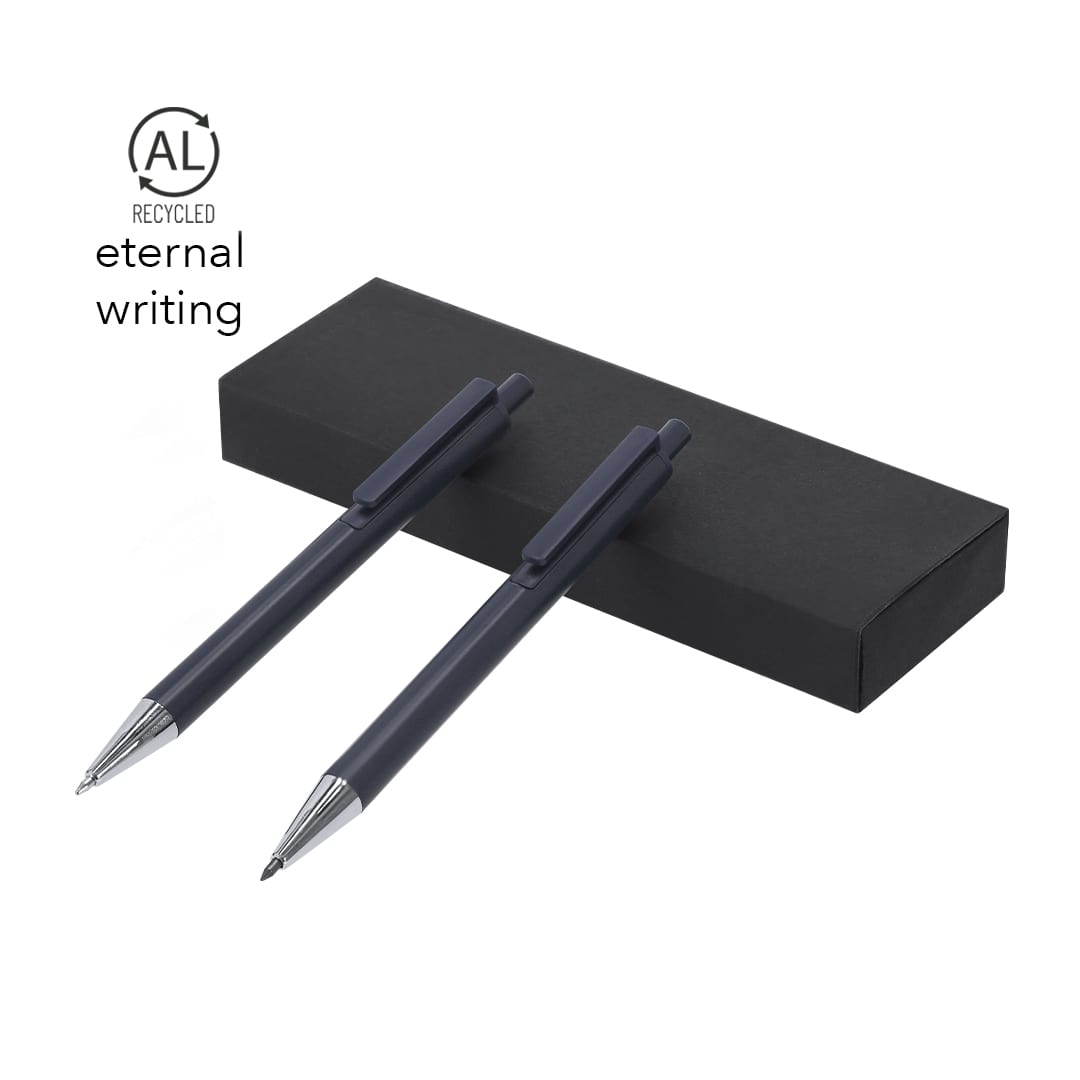 A set of two grey metal pens displayed on a black box, featuring a logo and a recycle symbol. Foract Set - Image 1