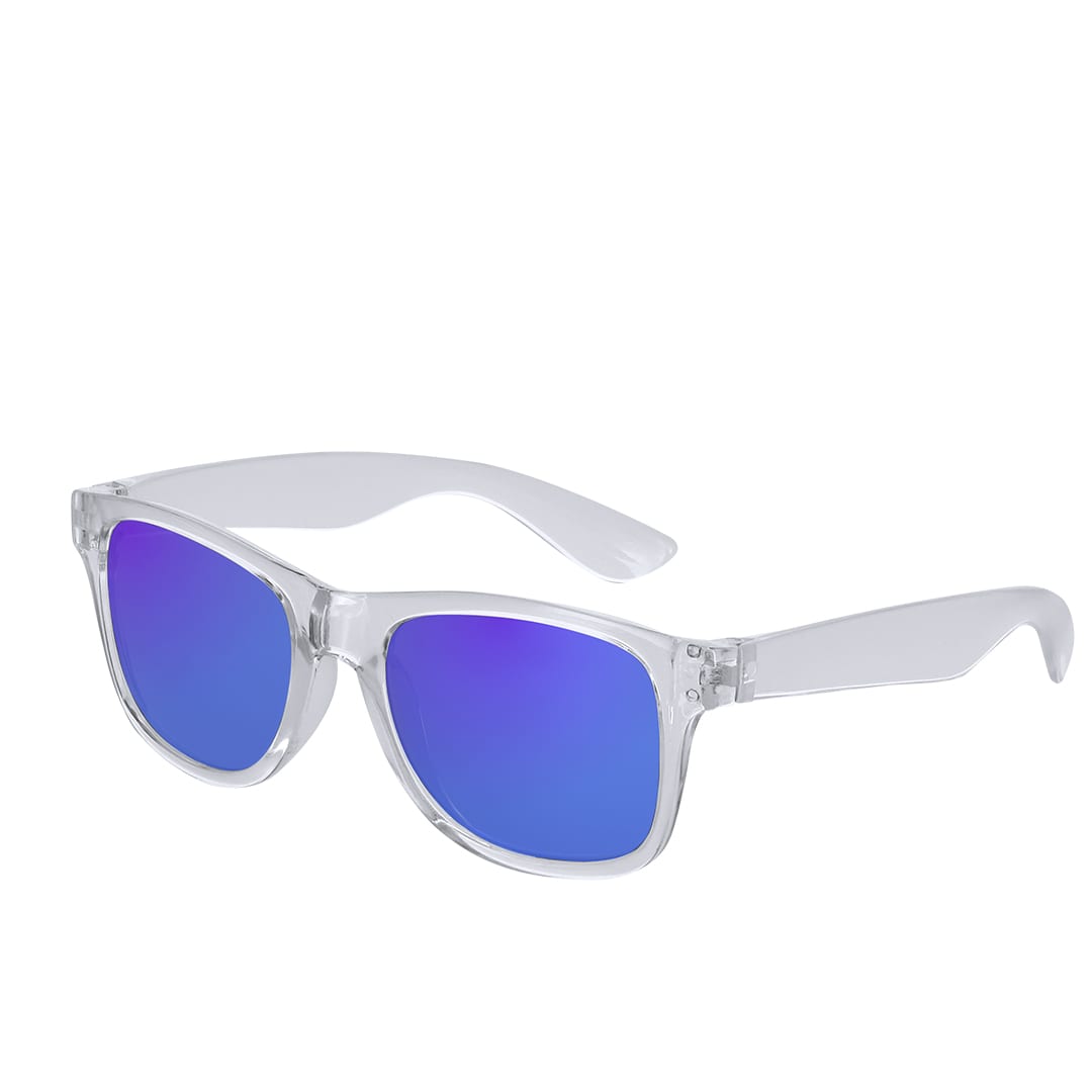 A pair of clear framed sunglasses with blue gradient lenses and a logo on the side. Jarina Sunglasses - Image 1