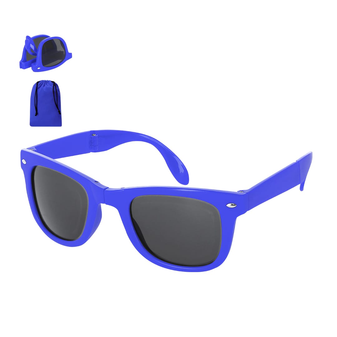 Blue sunglasses with dark lenses, accompanied by a blue pouch for storage. Includes a second pair in the background. Lyron Sunglasses - Image 1