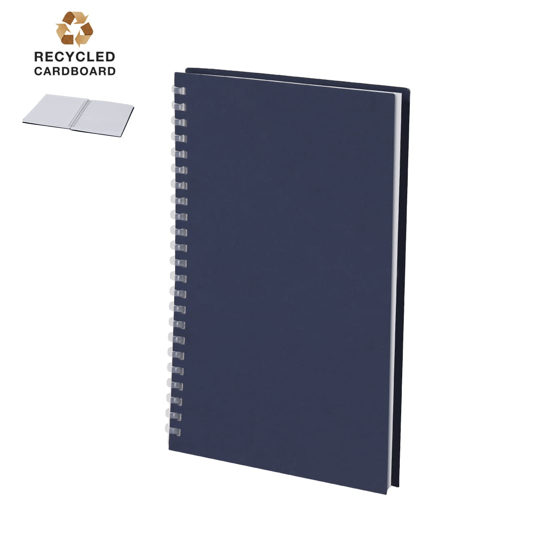 A navy blue spiral-bound notebook made from recycled cardboard, featuring a simple design and no visible text. Kidon Notebook - Image 1