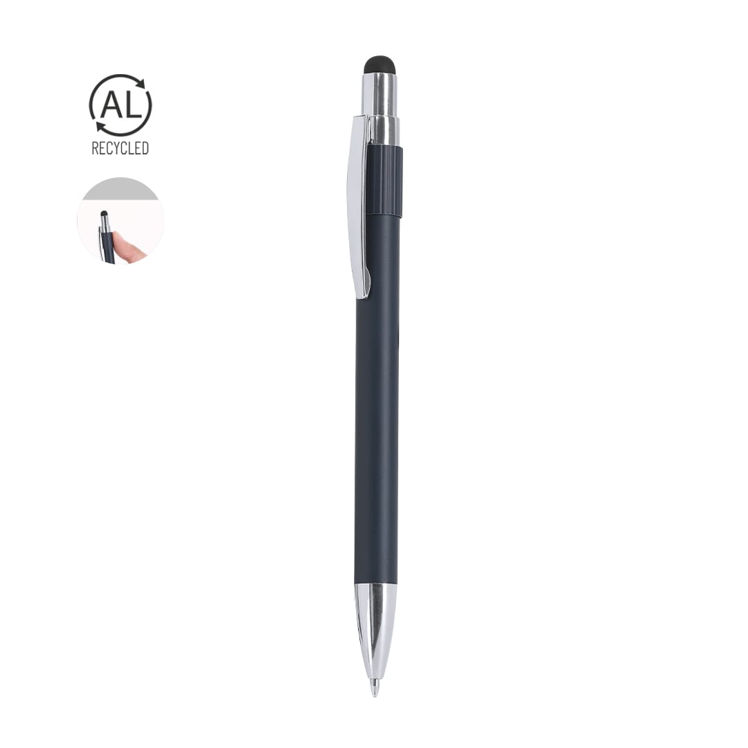 A navy blue ball pen with a silver clip and a stylus tip, featuring a logo. Made from recycled materials. Turet Stylus Touch Ball Pen - Image 1