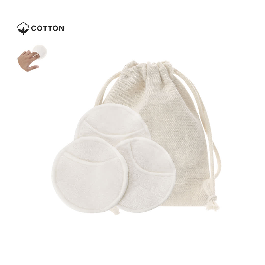 A set of three white facial cleansing pads in a natural cotton drawstring bag. Dayax Set Facial Cleansing Pads - Image 1