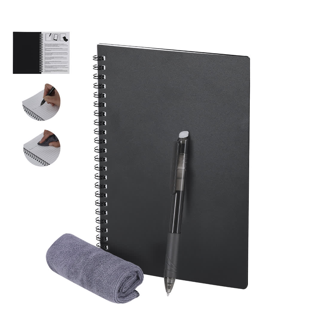 A black spiral notebook featuring an erasable surface, accompanied by a pen and a cleaning cloth. Gratox Erasable Notebook - Image 1