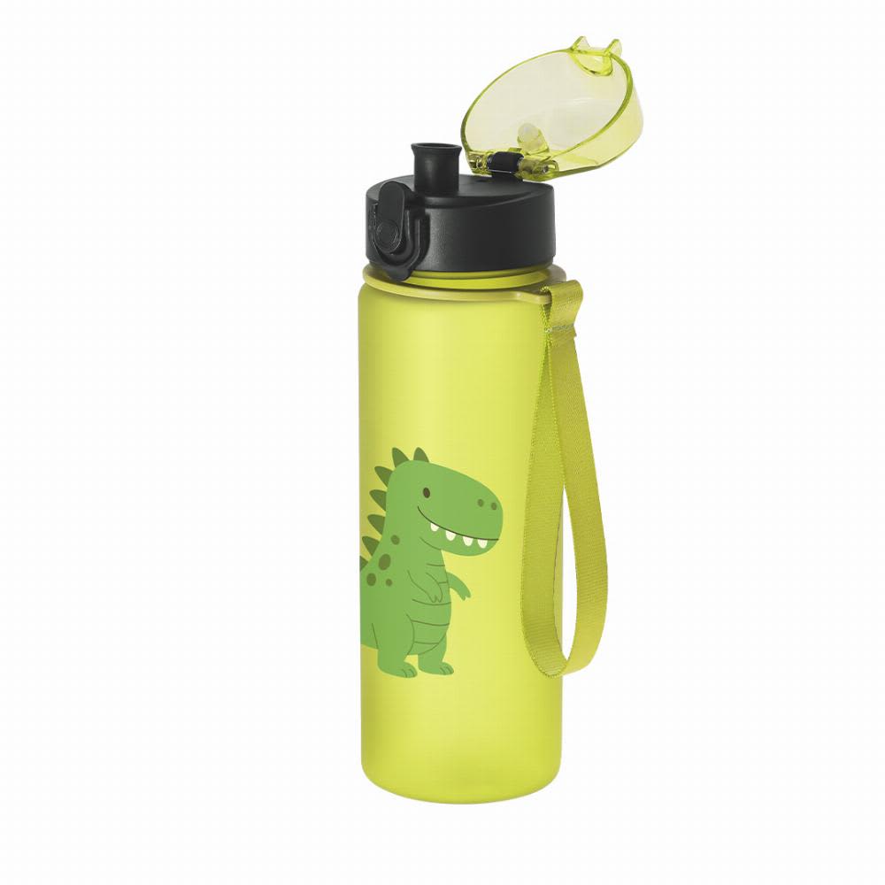 A drink bottle in bright yellow, featuring a green dinosaur design, with a flip-top lid and a carrying strap. Grinor - Image 1
