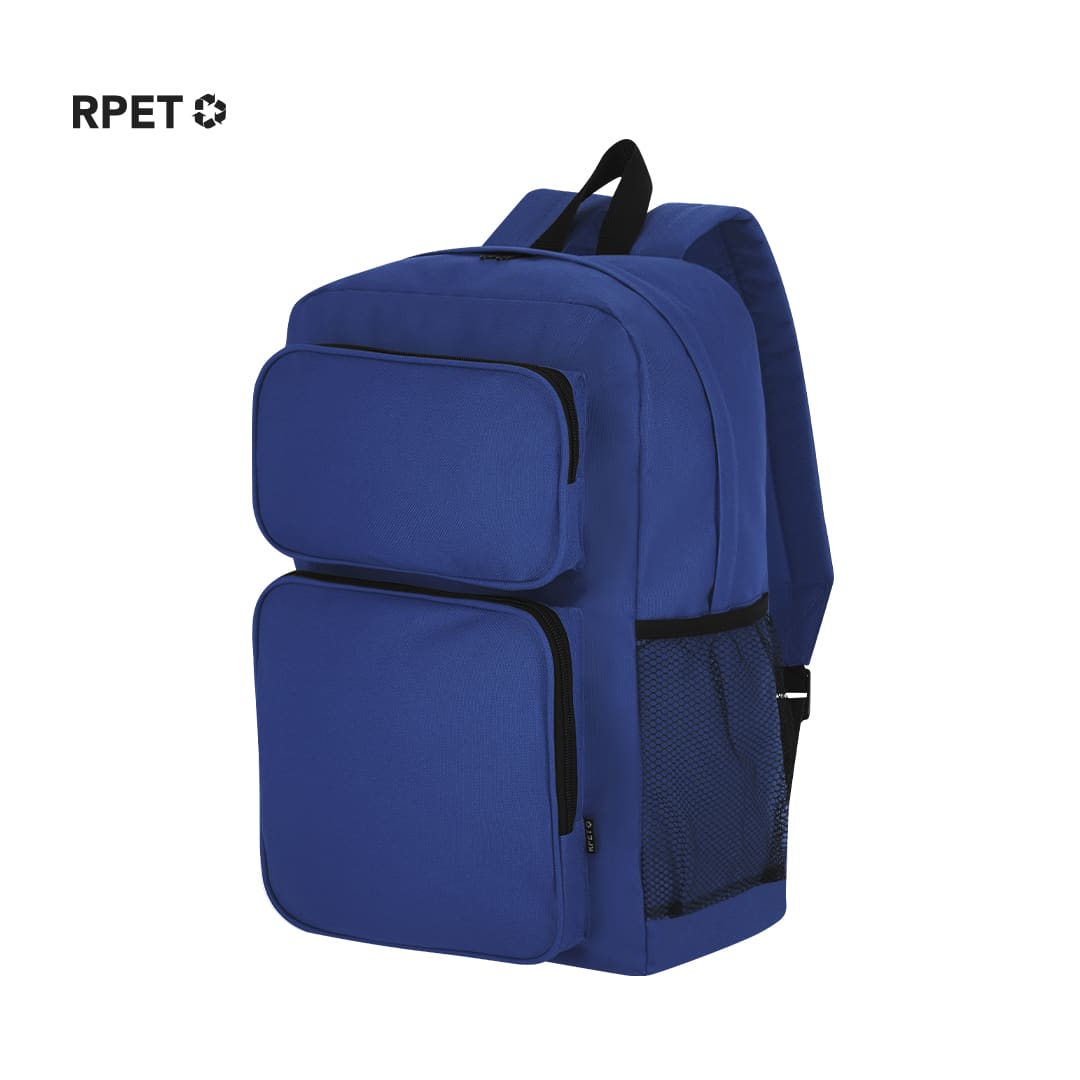 A blue backpack featuring two front pockets and a side mesh pocket, along with branding on the top. Lanwich Backpack - Image 1