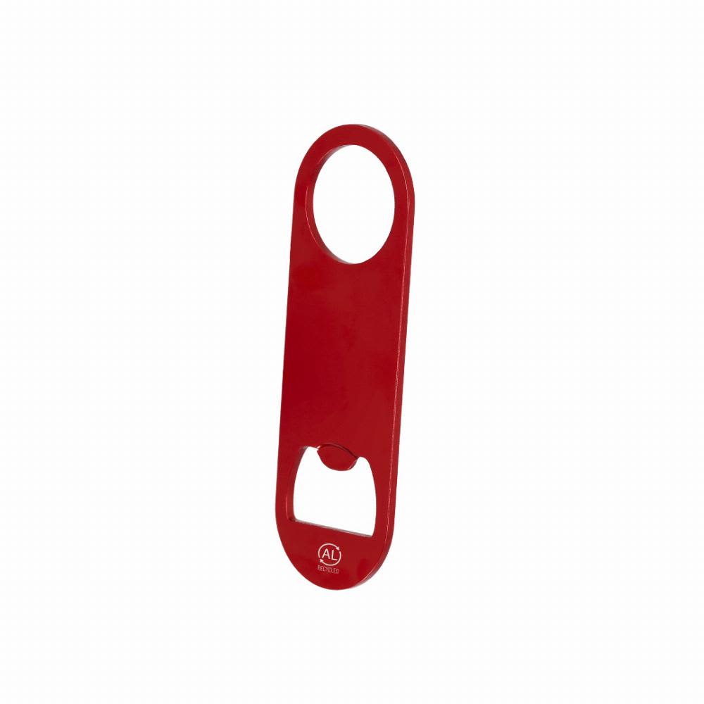 A red bottle opener with a large handle and a built-in cap remover, featuring a logo. Zarel - Image 1