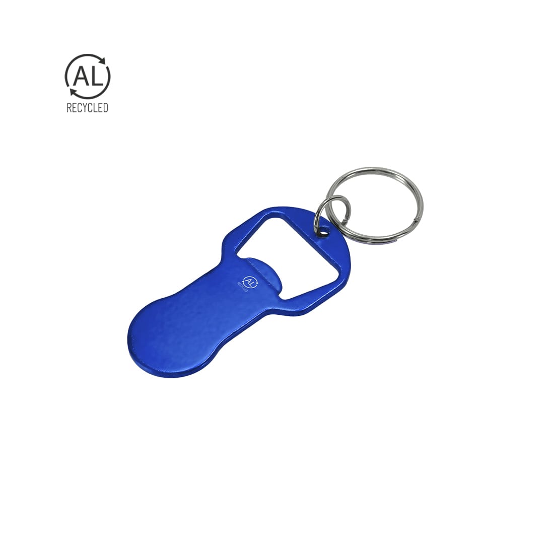 A blue bottle opener keyring made from recycled material, featuring a circular keyring attachment. Belarox Opener Keyring Coin - Image 1