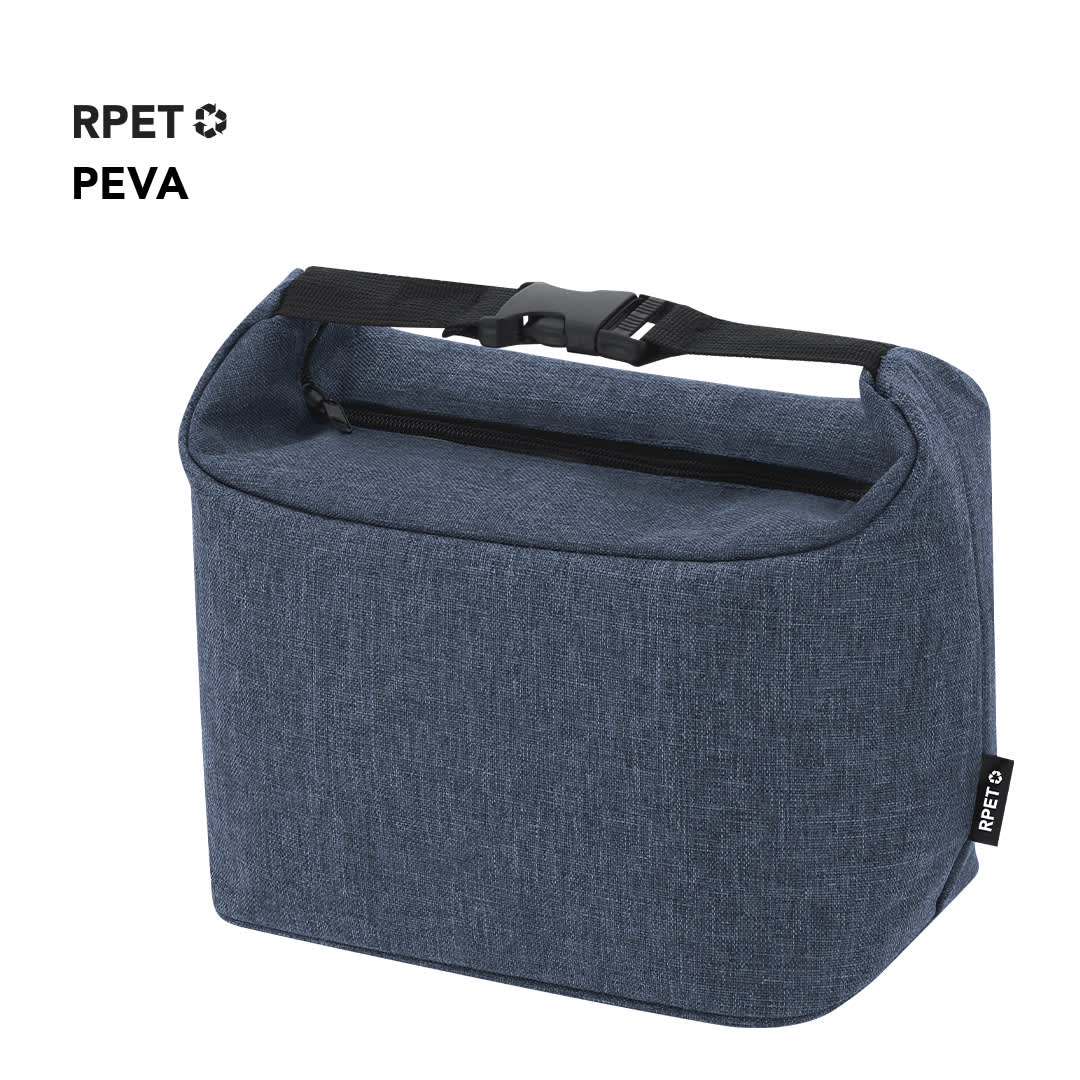 A cooler bag in a dark denim fabric with a sturdy handle and a zippered top. It has a logo. Elvano Cool Bag - Image 1