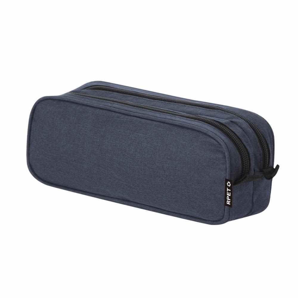A pencil case in navy blue fabric with zippers and a logo on the side. Sekins - Image 1