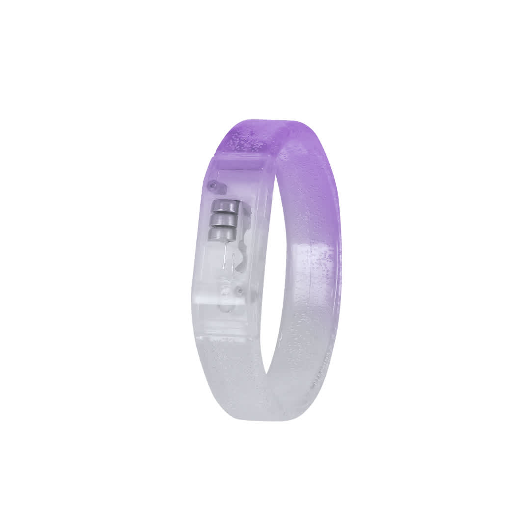 A translucent purple glow bracelet with a hidden mechanism visible inside. It features a logo on the side. Gretex Glow Bracelet - Image 1