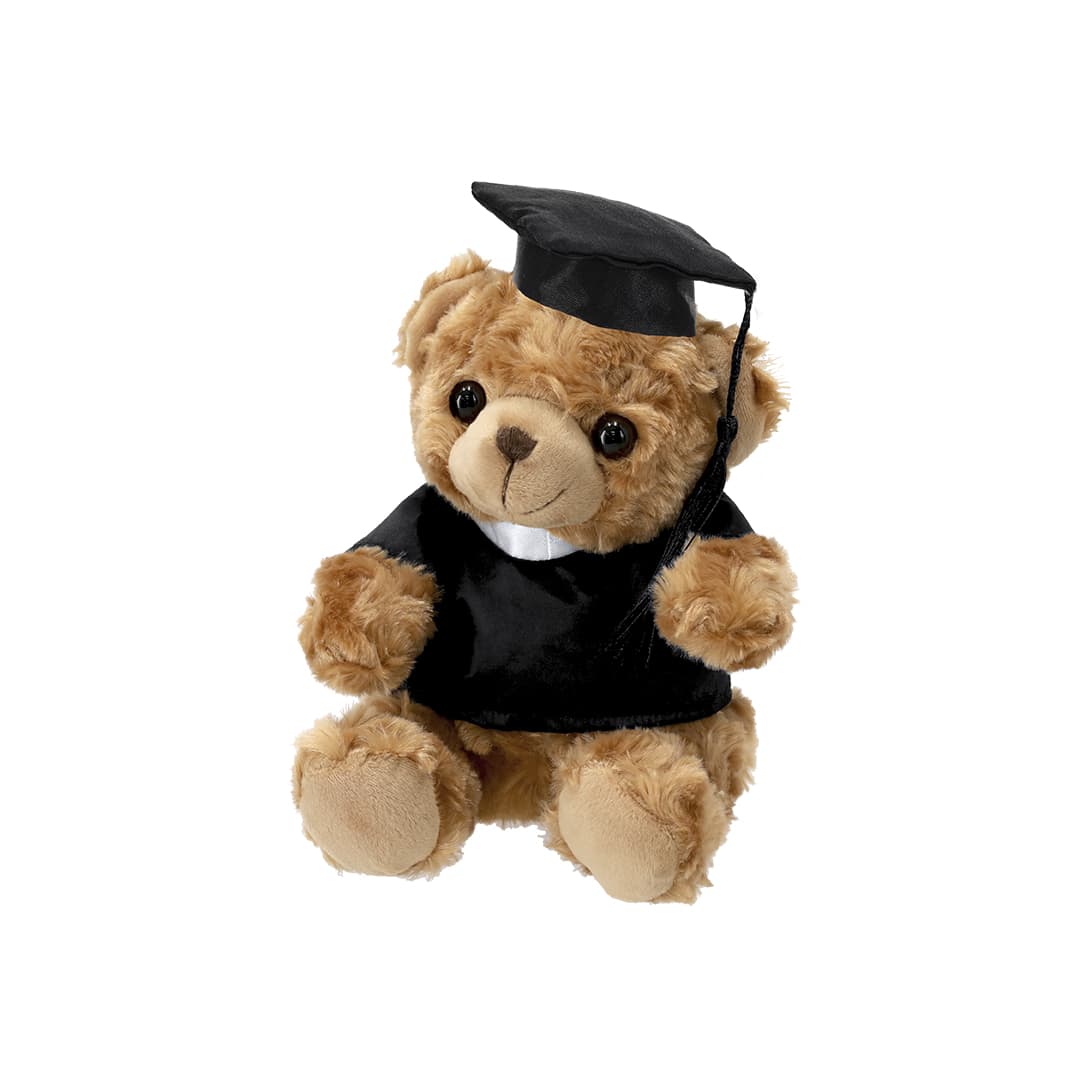 A plush teddy bear in a black graduation gown and cap, featuring brown fur and shiny black eyes. Kamor Teddy - Image 1