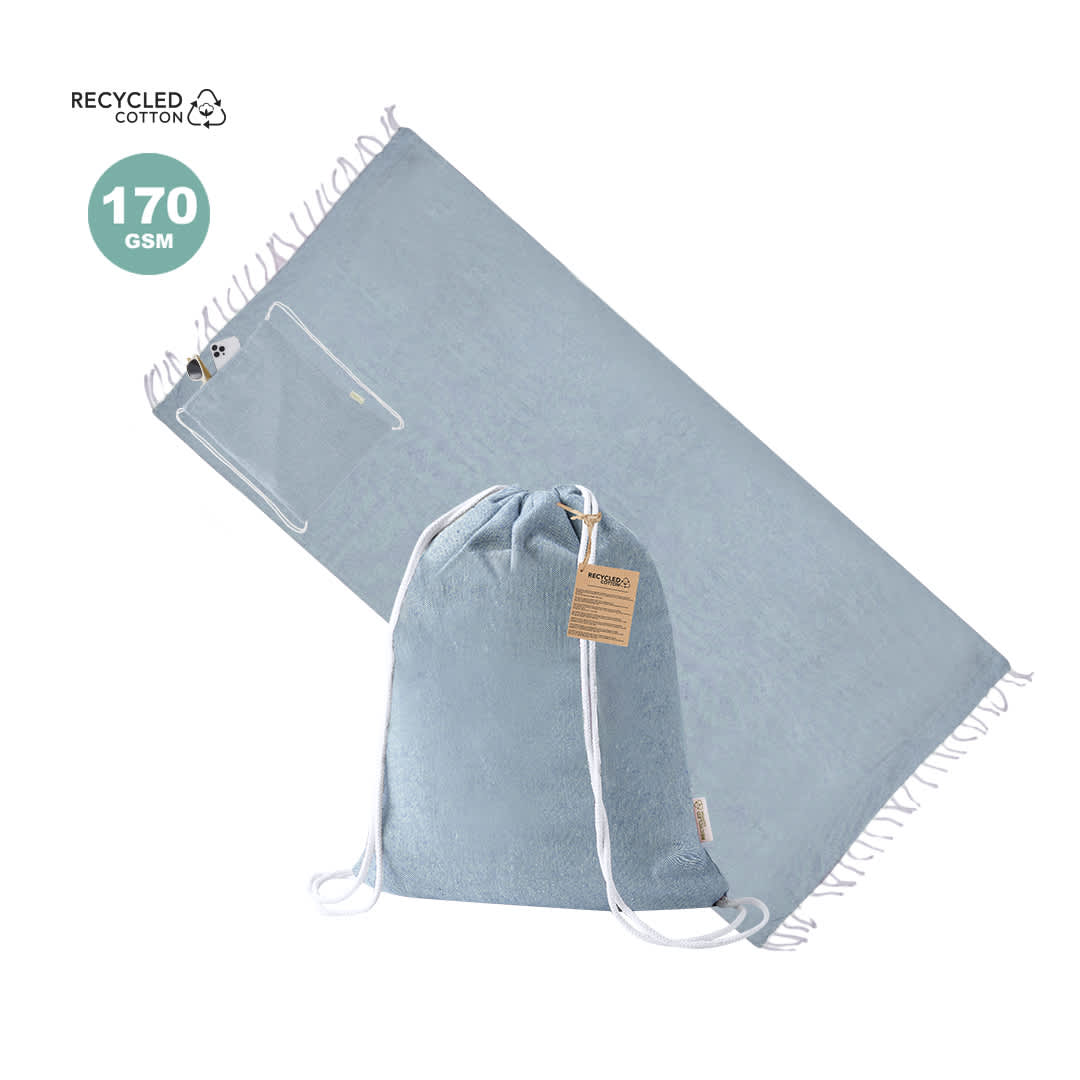 A blue drawstring bag and a matching pareo made from recycled cotton, featuring a logo and fringed edges. Borinex Drawstring Bag Pareo - Image 1