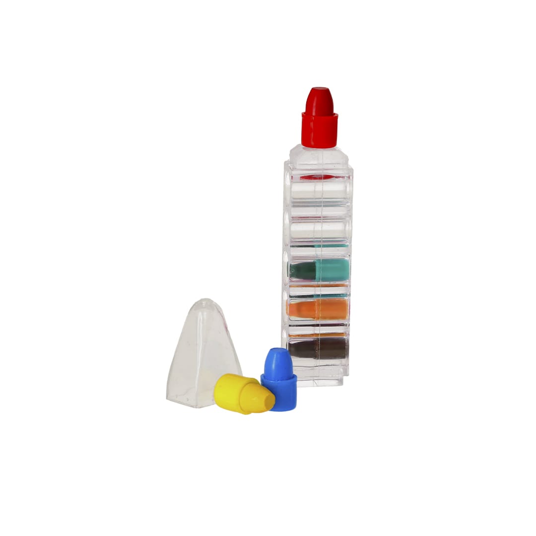 A crayon set featuring red, blue, yellow, green, and orange crayons in a clear container with a cap. Daclor Crayon Set - Image 1