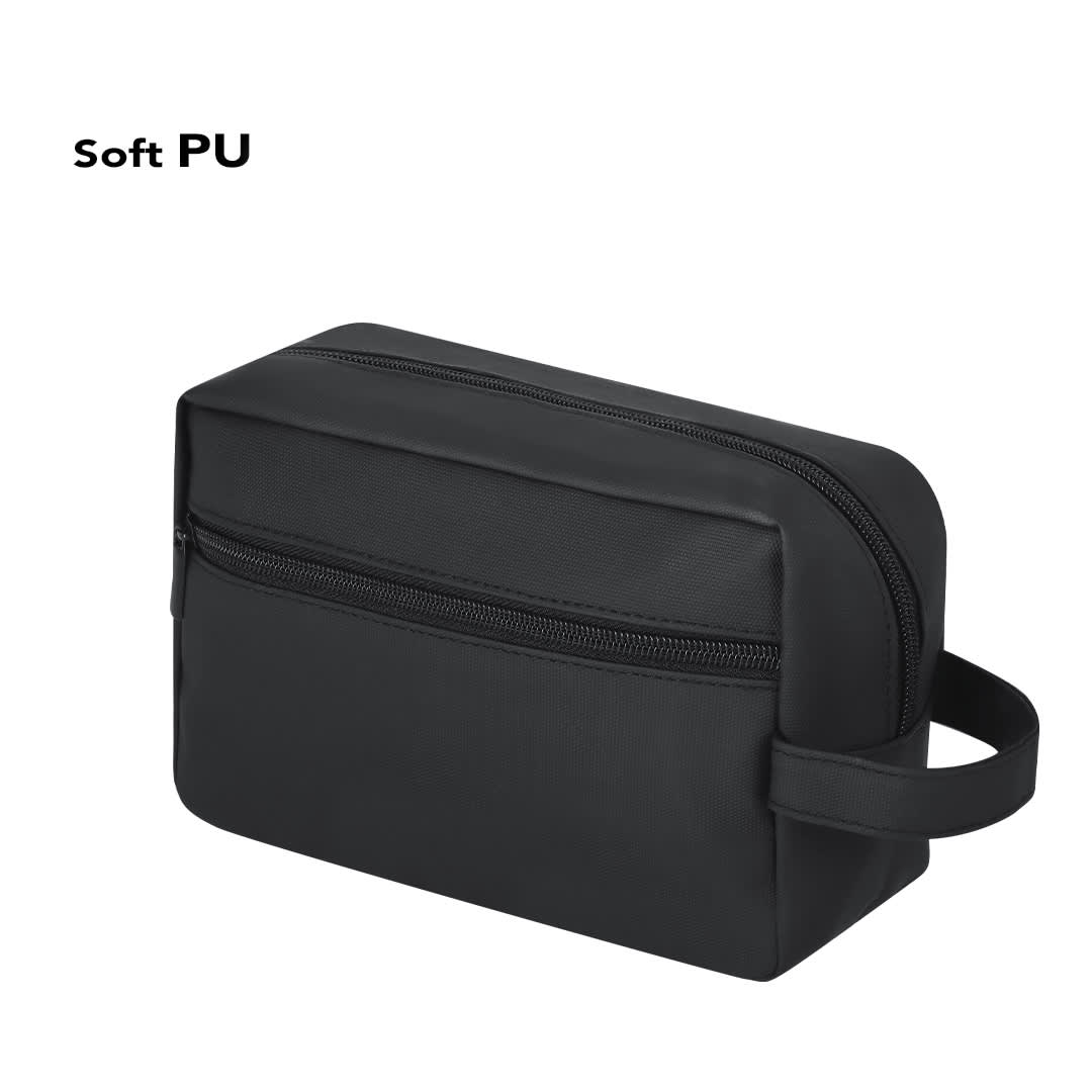 A black toiletry bag made from soft PU, featuring a zip closure and a side handle. It has a minimalist design and a logo. Hifron Beauty Bag - Image 1