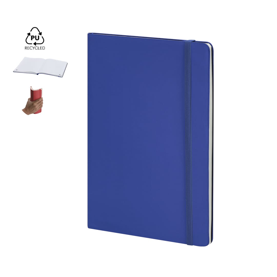 A blue Trekon Notepad with a smooth cover and an elastic band. Includes a logo and features recycled material. Trekon Notepad - Image 1