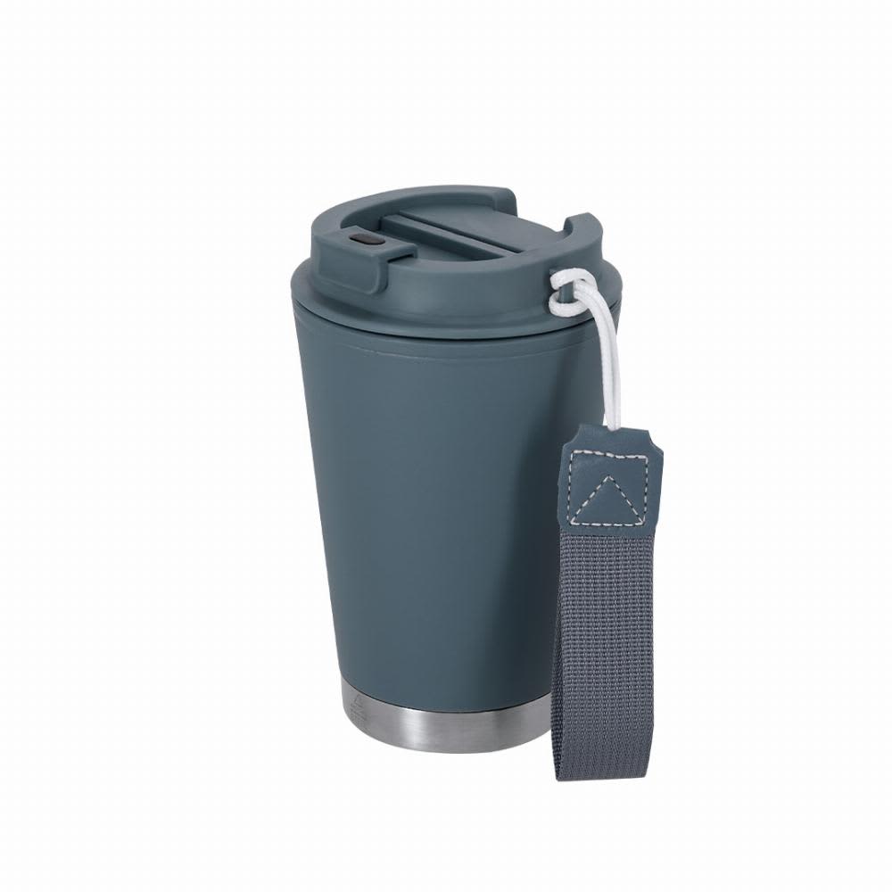 A drink bottle in dark green with a stainless steel base and a grey handle, featuring a lid and logo. Acuma - Image 1