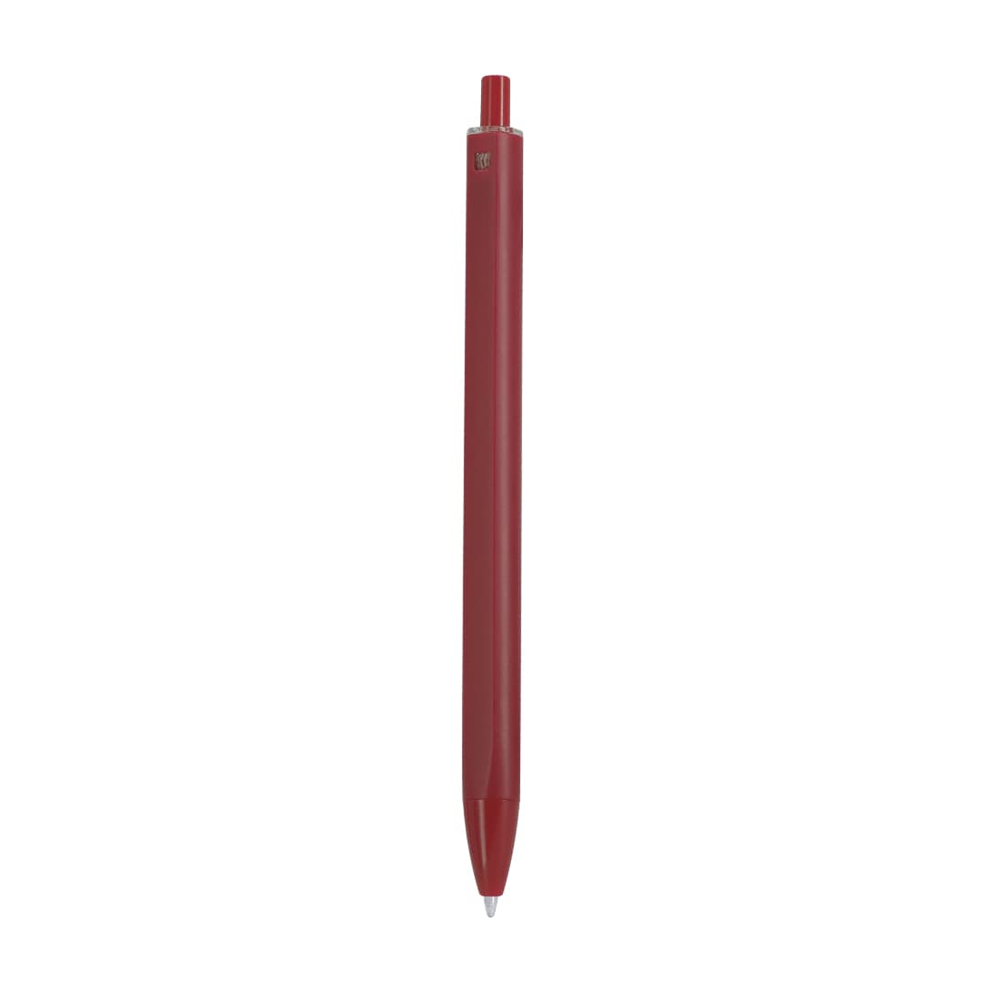 A red plastic pen with a smooth design and a top button, featuring a logo. Maron Pen - Image 1