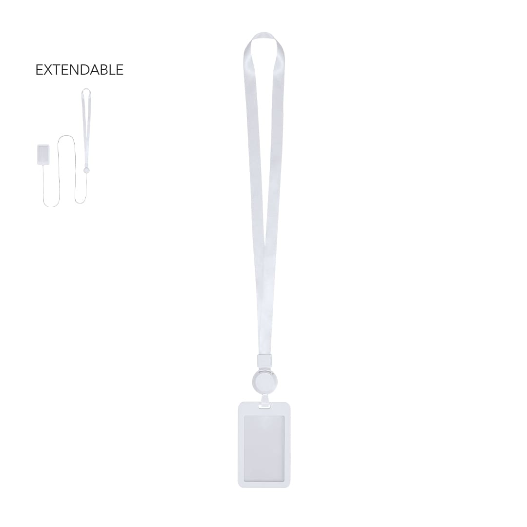 A white lanyard with an extendable badge holder, featuring a circular connector and a flat ID card space. Berbom Id Badge Lanyard - Image 1