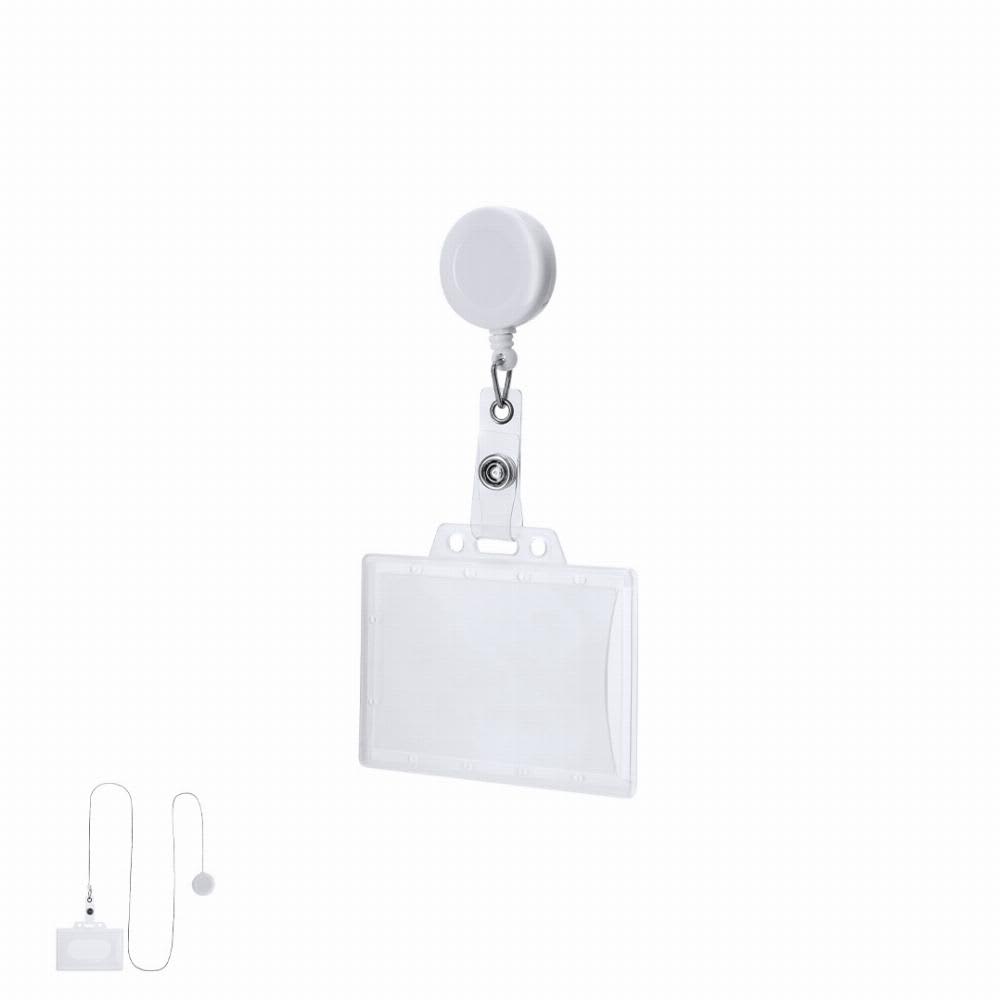 A badge holder and retractable reel featuring a clear design with a white plastic clip and cord. Blaires - Image 1