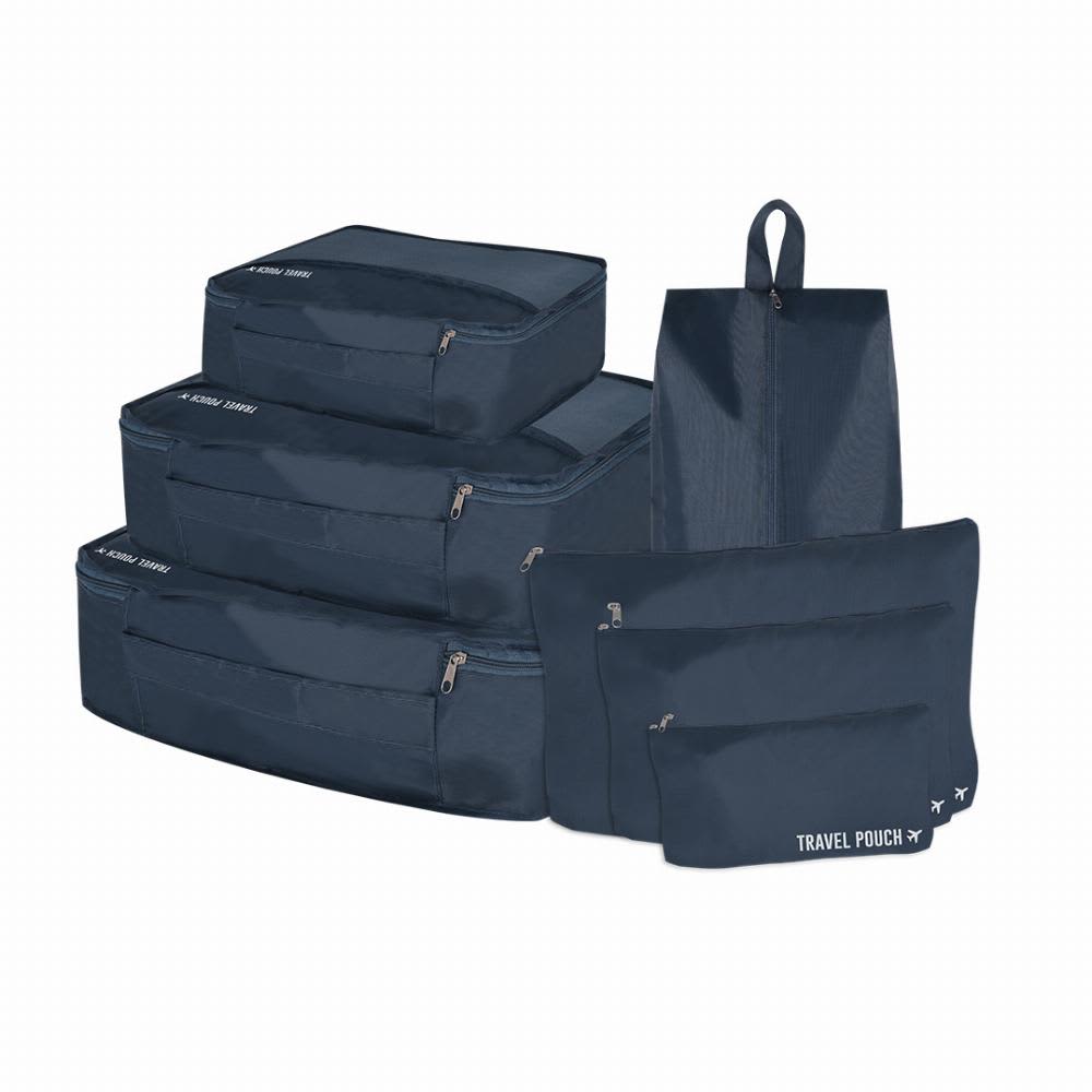 A set of navy travel pouches in various sizes, featuring zippers and a simple design. They include a logo. Combol - Image 1