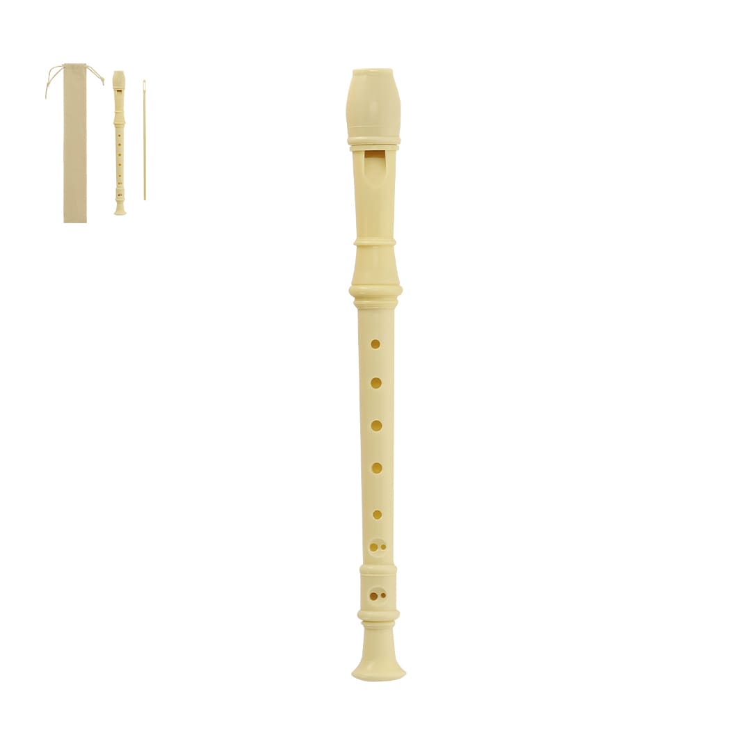 A beige recorder with finger holes, displayed upright beside a storage box and cleaning stick. It has a logo on the box. Drionax Recorder - Image 1