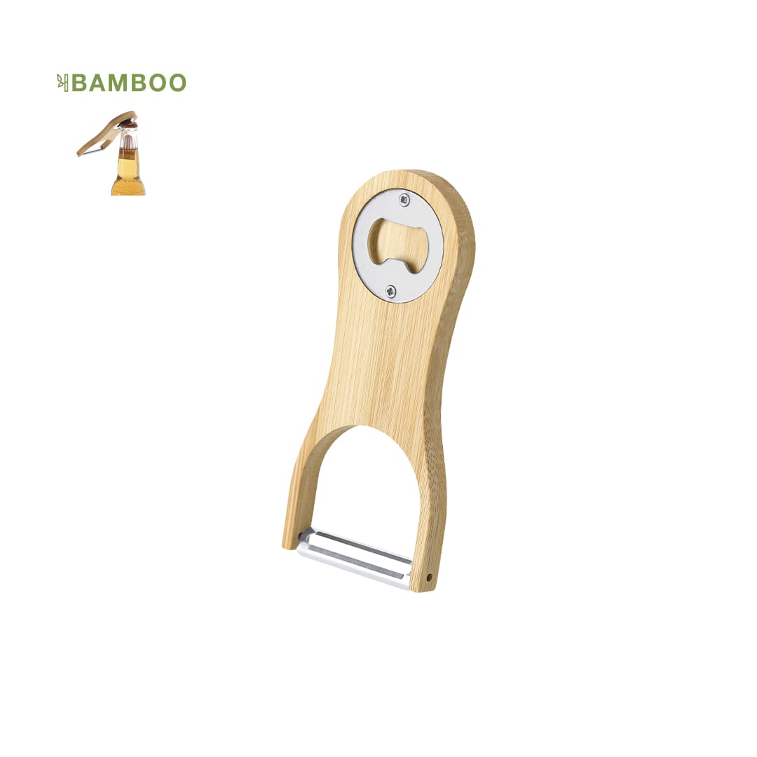 A drink bottle opener peeler made of bamboo with a stainless steel bottle opener and peeler tool. Kuibak Opener Peeler - Image 1