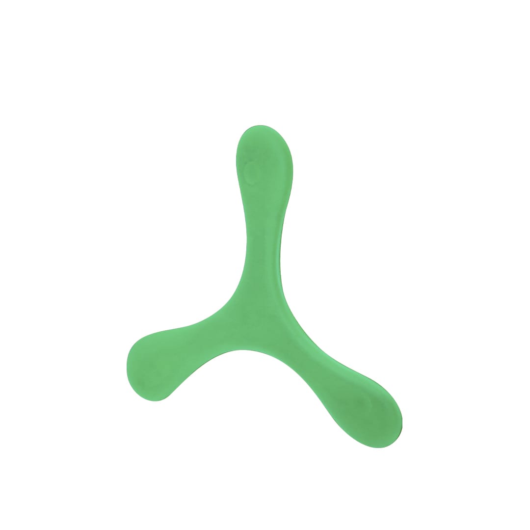 A green Kybeck Frisbee with a unique three-pronged design and a smooth surface, featuring a logo. Kybeck Frisbee - Image 1