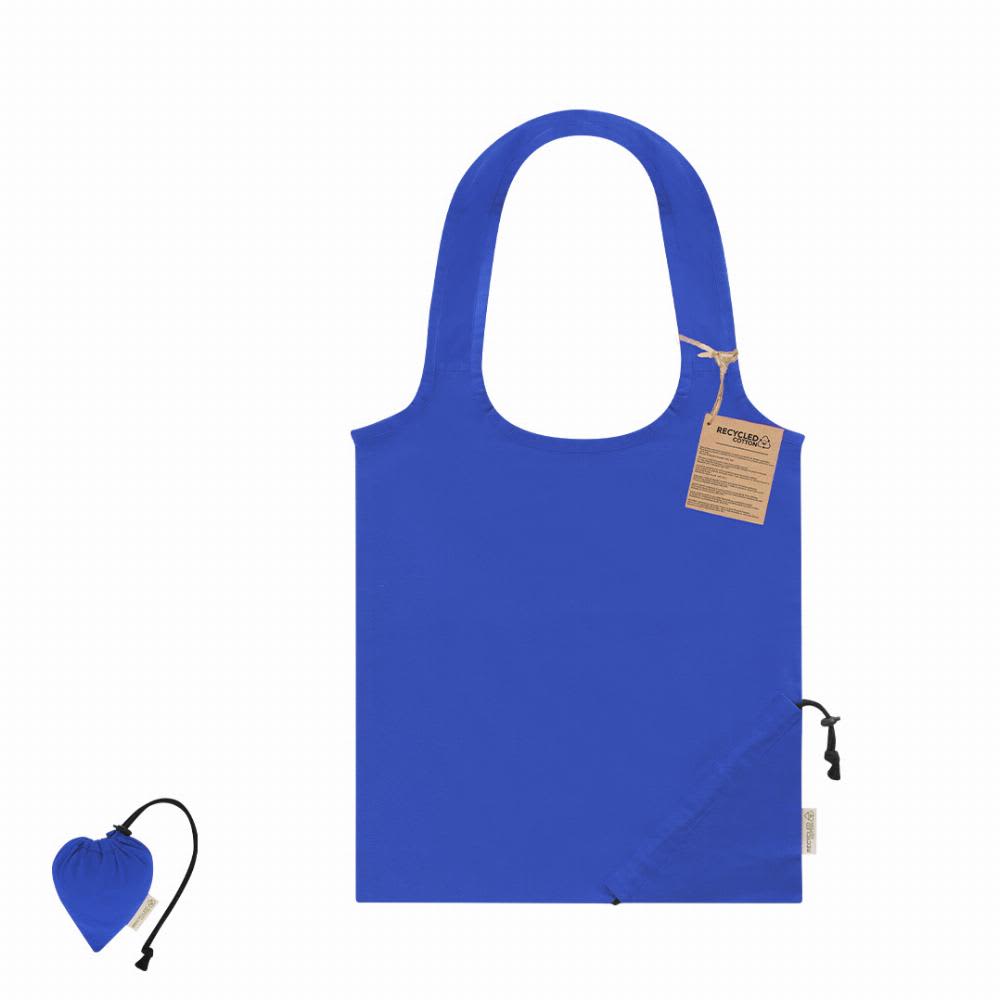 A blue reusable tote bag with a heart-shaped pouch for storage. The bag has a tag attached. Lecton - Image 1