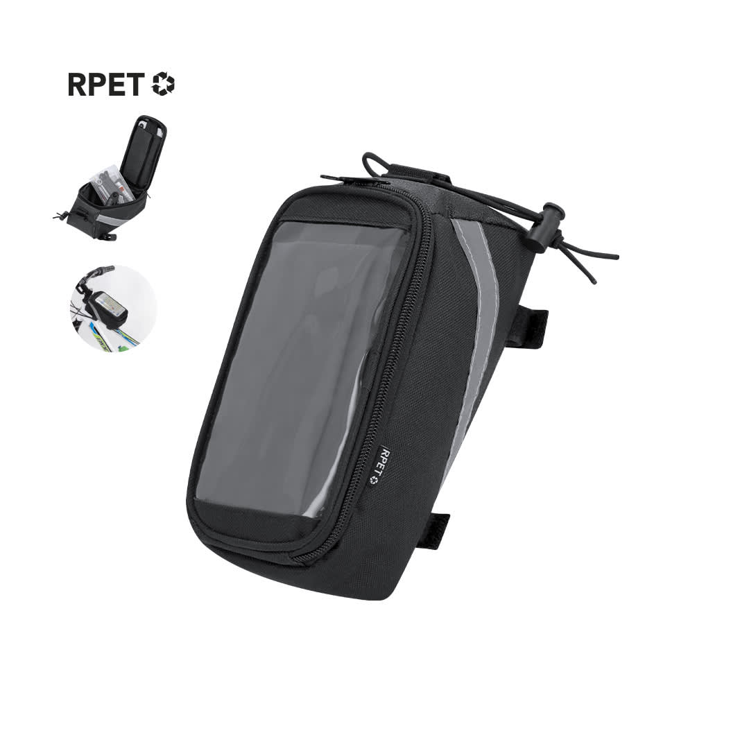 A black bike bag with a transparent front pocket and a zipper, featuring a logo and adjustable straps. Nebrer Bike Bag - Image 1