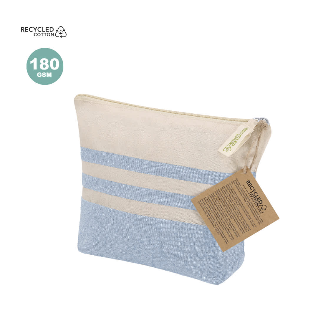 A toiletry bag made of recycled cotton featuring a beige and light blue striped design, with a zipper and a tag. Daronel Beauty Bag - Image 1