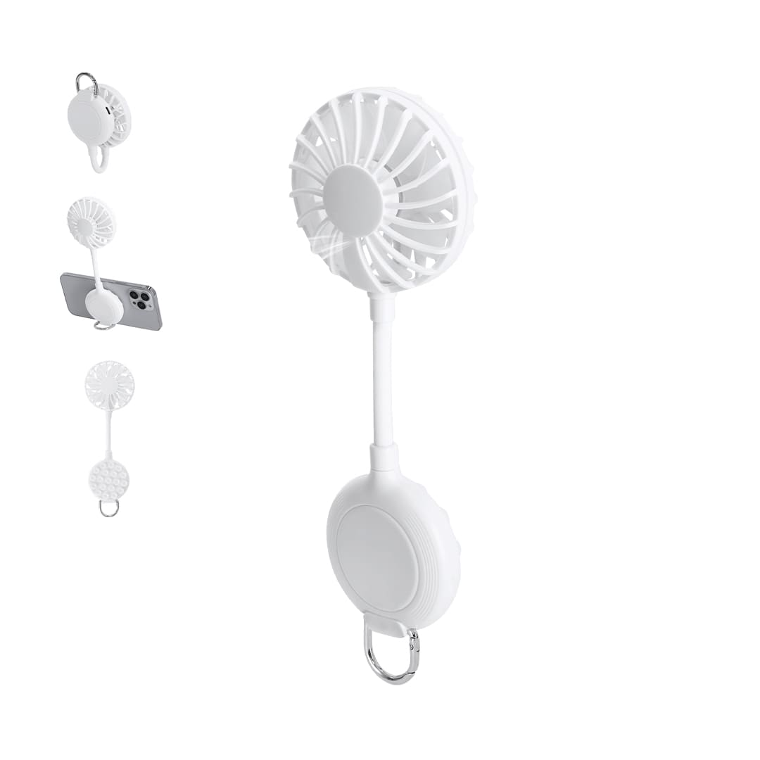 A white portable fan with a flexible neck and a clip for attachment, featuring a circular design and a small branding logo. Kelanor Fan - Image 1