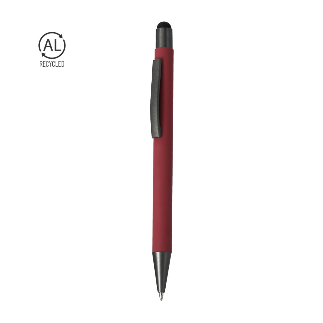 A red stylus touch ball pen with a matte finish and a clip, featuring a branding logo. Rilon Stylus Touch Ball Pen - Image 1