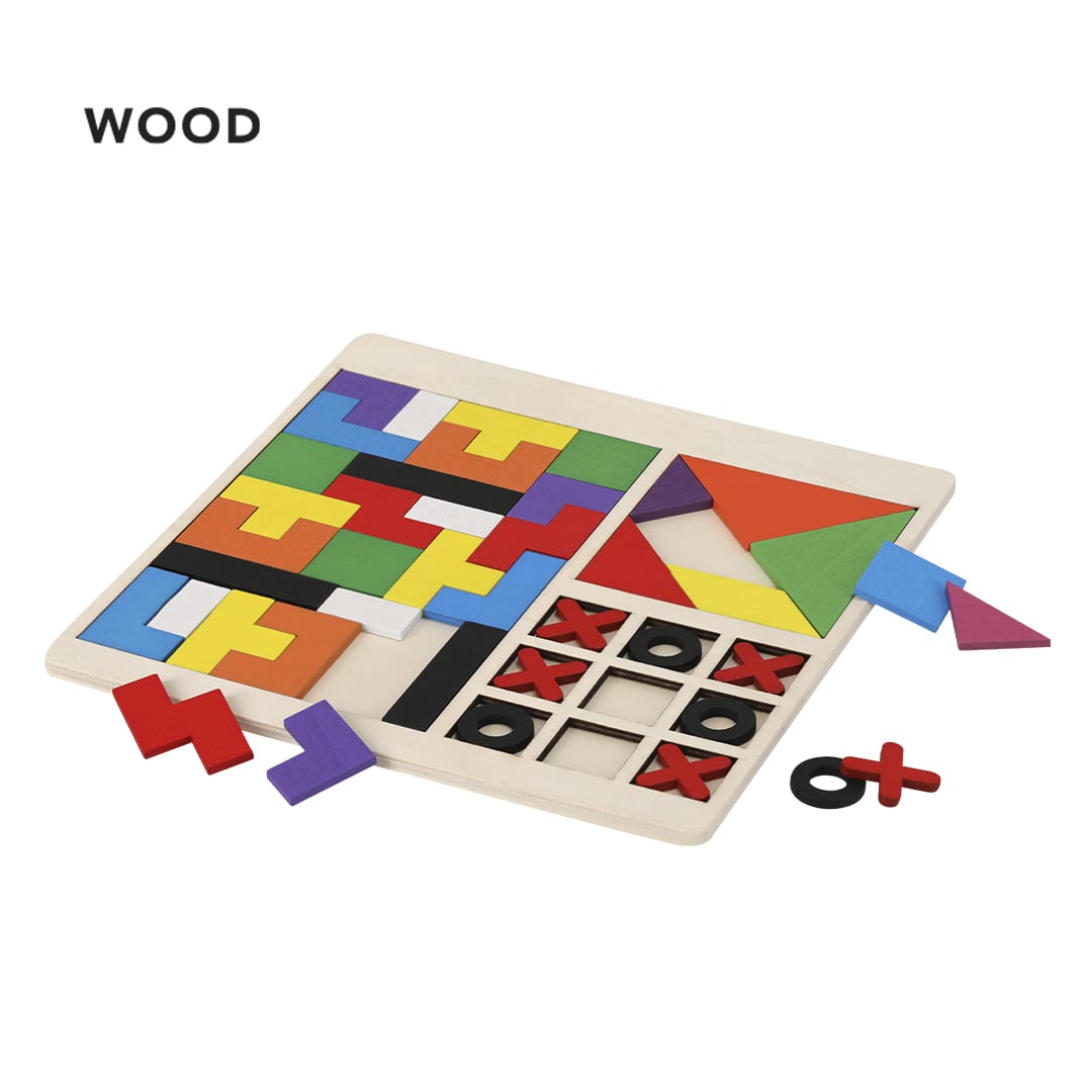 A wooden puzzle set featuring colourful geometric shapes and a tic-tac-toe game. It includes various vibrant pieces. Meloxar Puzzle Set - Image 1