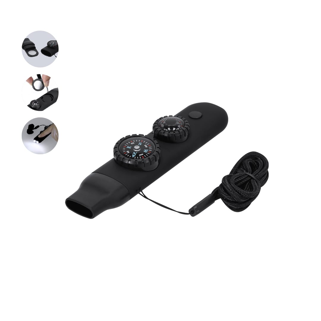 A black survival whistle featuring a compass and a lanyard, designed as a novelty item for outdoor activities. Palorix Survival Whistle - Image 1