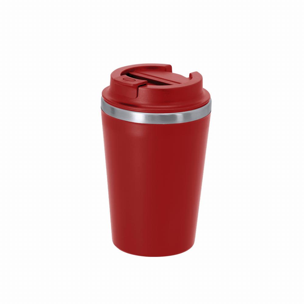 A drink bottle in red with a stainless steel band and a lid featuring a drink opening. It has a sleek, modern design. Relanor - Image 1