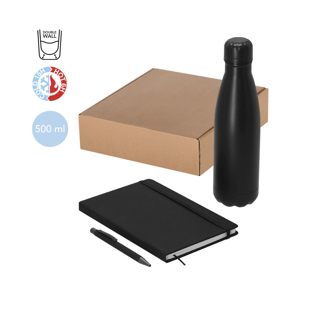A black drink bottle, a black notebook, and a pen, all packaged in a brown box. The bottle has a logo. Rymarek Set - Image 1