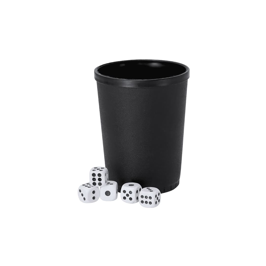 A black dice cup with five white dice arranged around it, featuring small black dots. Layshi Game - Image 1