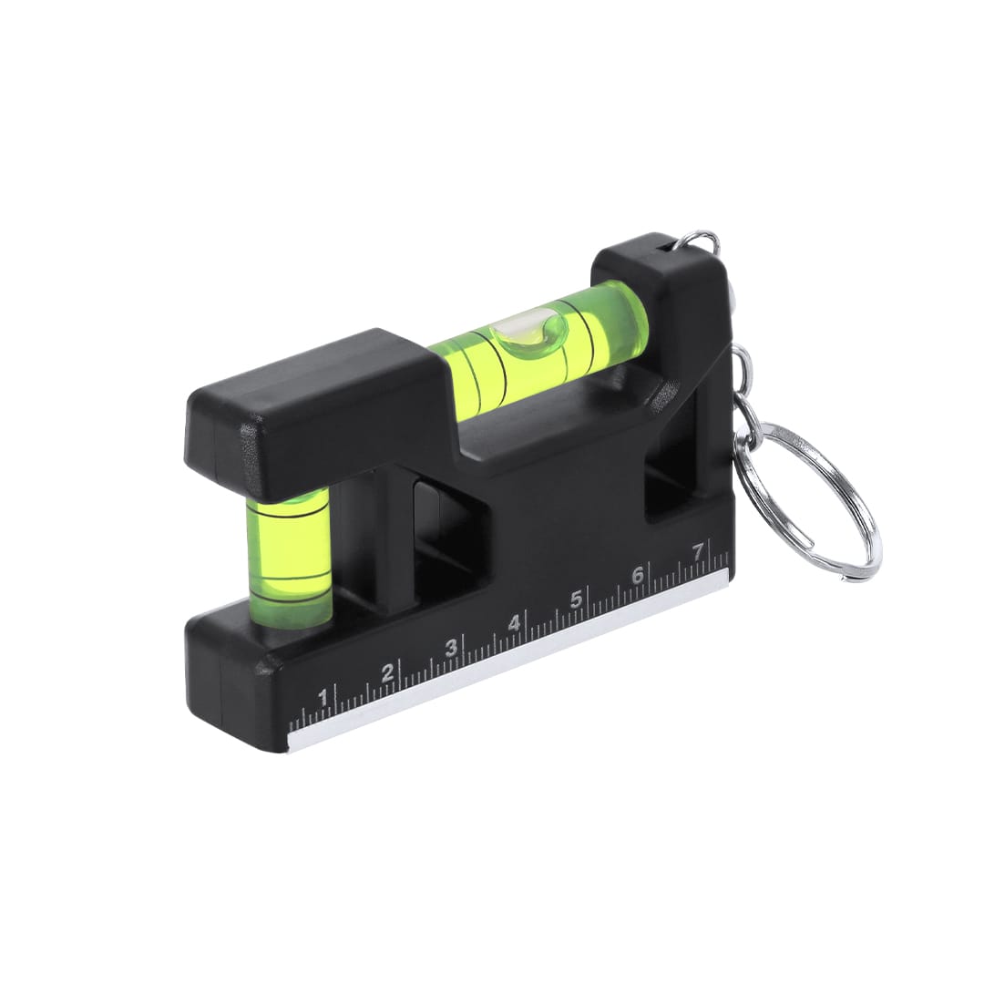 A black bubble level keyring featuring green liquid level vials and a ruler on one side. It has a metal keyring attachment. Narsaan Bubble Level Keyring - Image 1