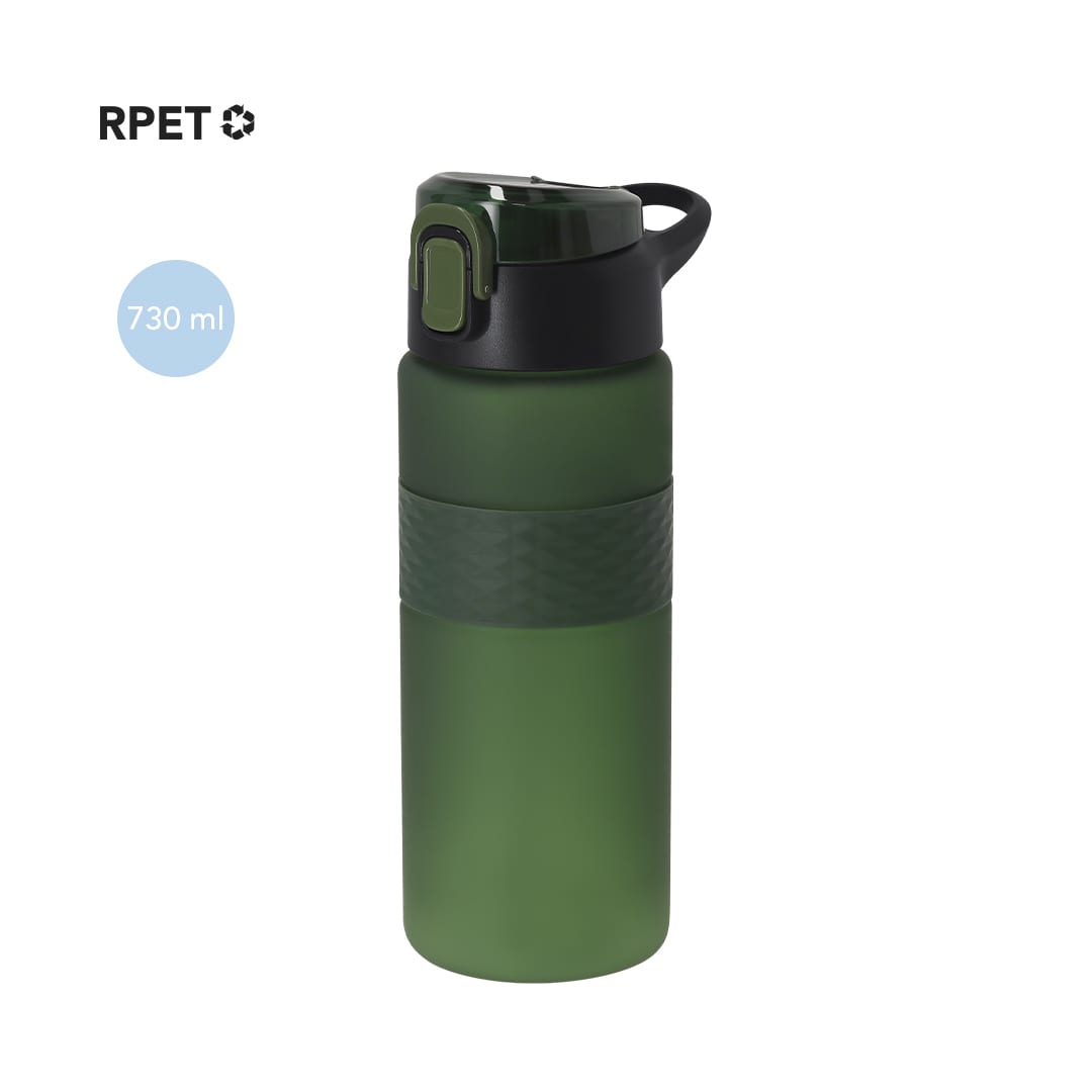 A drink bottle in green shades, featuring a textured band and a secure flip-top lid, with a capacity of 730 ml. Karon Bottle - Image 1