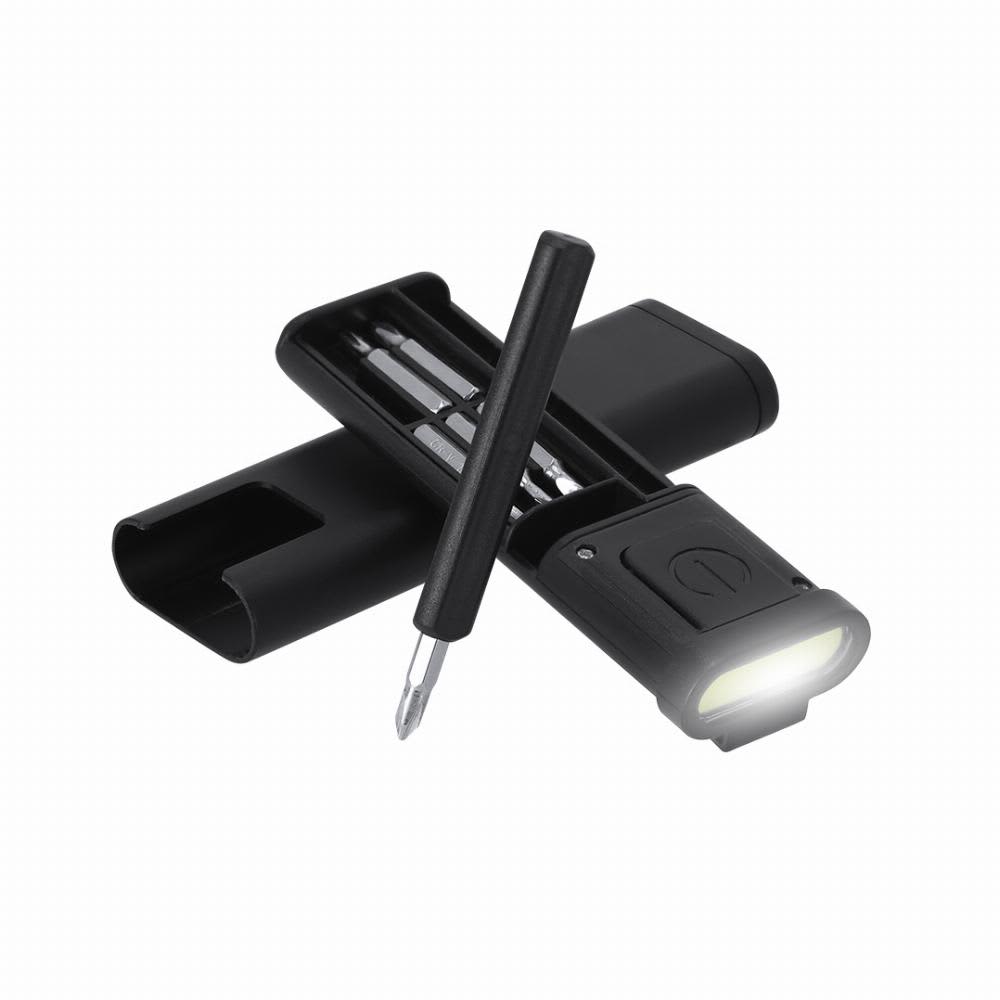 A compact black toolkit featuring a flashlight and tools set, including a screwdriver housed in a sleek case. Kedarl - Image 1