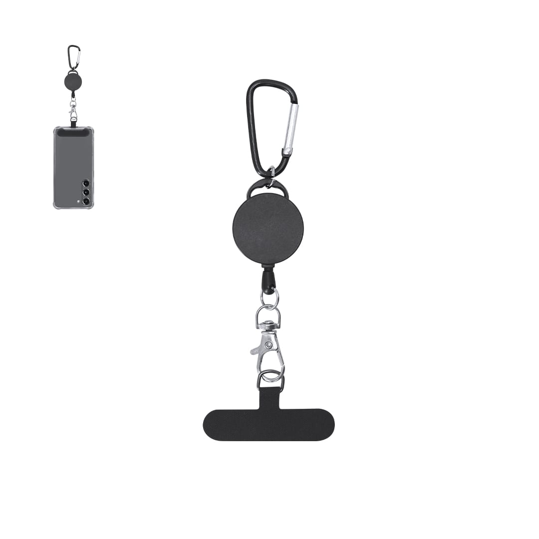 A black carabiner phone holder with a retractable mechanism, featuring a clip for attaching to bags or belts. Natiju Holder - Image 1