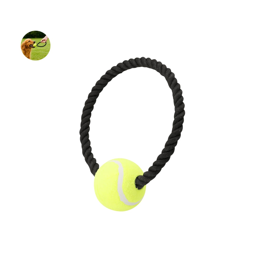 A yellow tennis ball attached to a black twisted rope, designed as a dog chew toy. Features a logo. Xekar Dog Chew Toy - Image 1