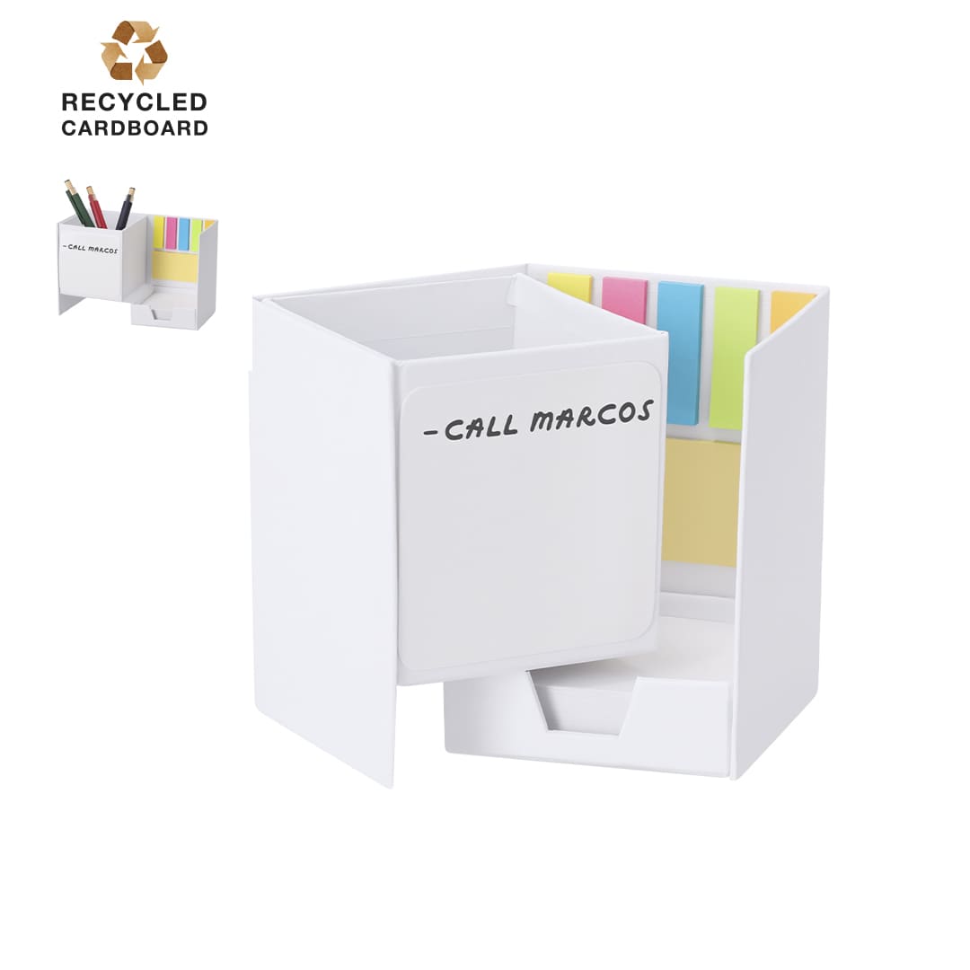 A white notepad pencil holder with coloured sticky notes, designed in recycled cardboard, featuring a logo. Persut Notepad Pencil Holder Whiteboard - Image 1