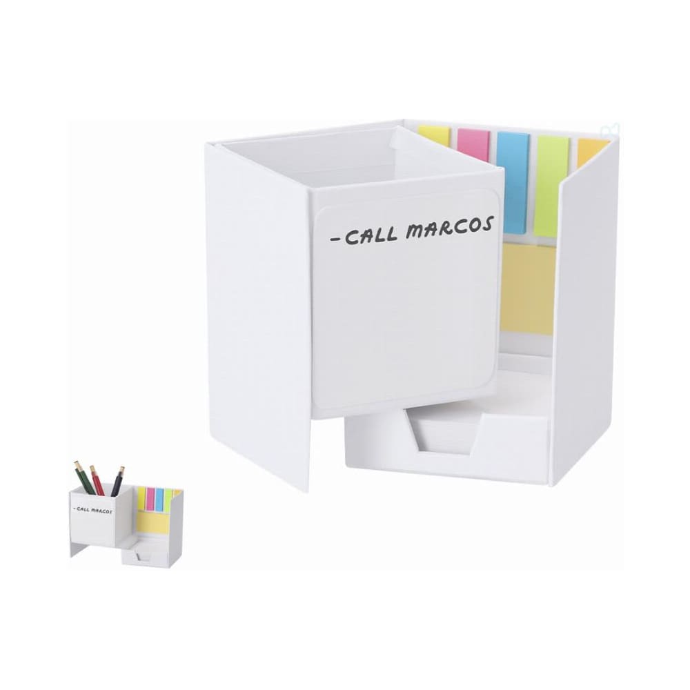 A desk organiser featuring a white design with compartments for sticky notes and writing utensils. It has a logo. Persut - Image 1