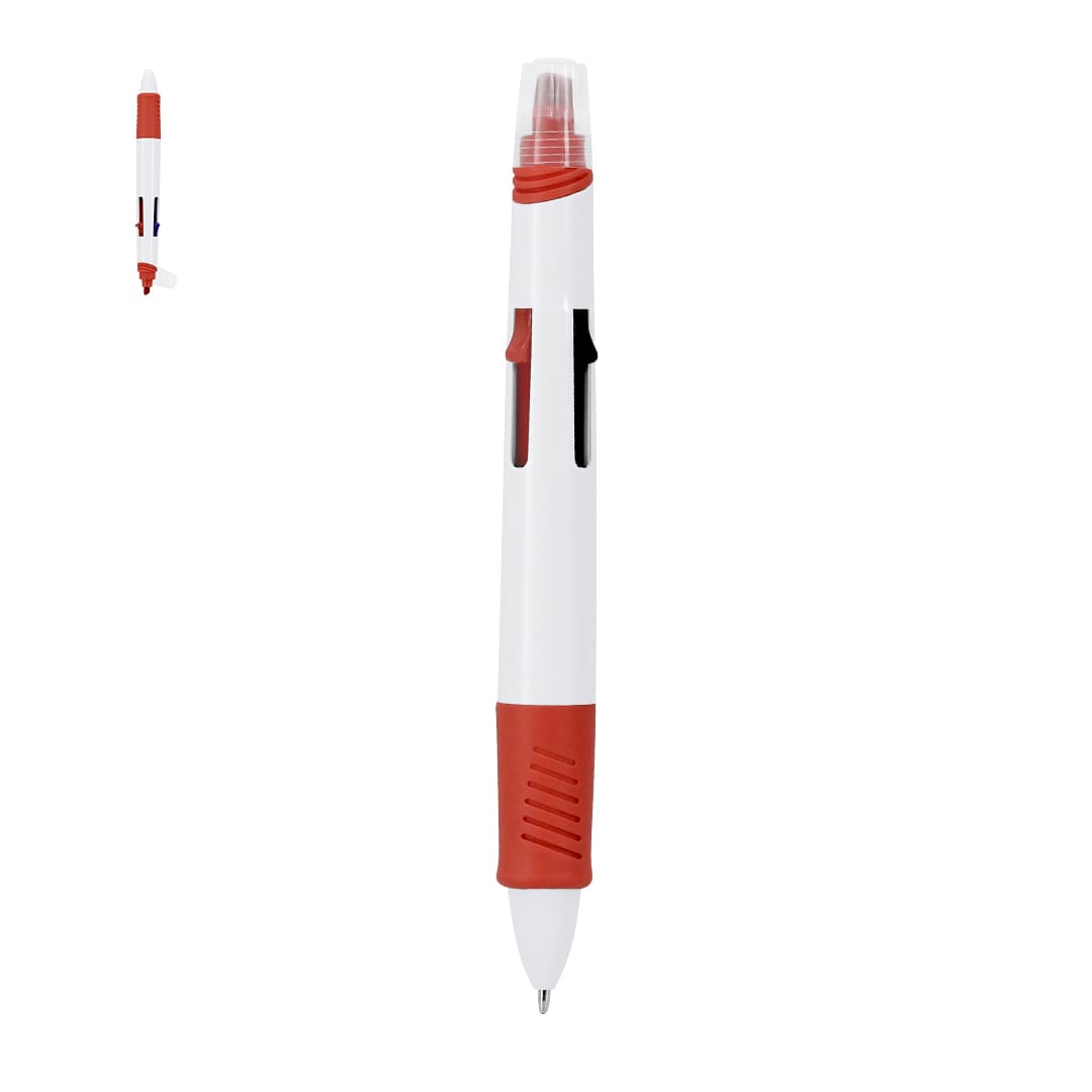 A multicoloured pen with a white body and red accents, featuring a transparent cap. It has a branding logo. Reggan Multicolored Pen - Image 1