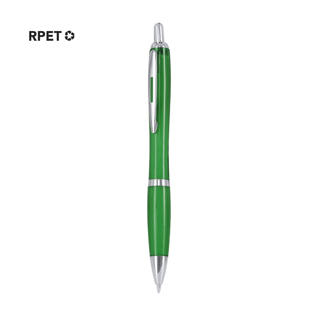 A green plastic pen with a silver clip and accents, featuring a logo. Lathem Pen - Image 1