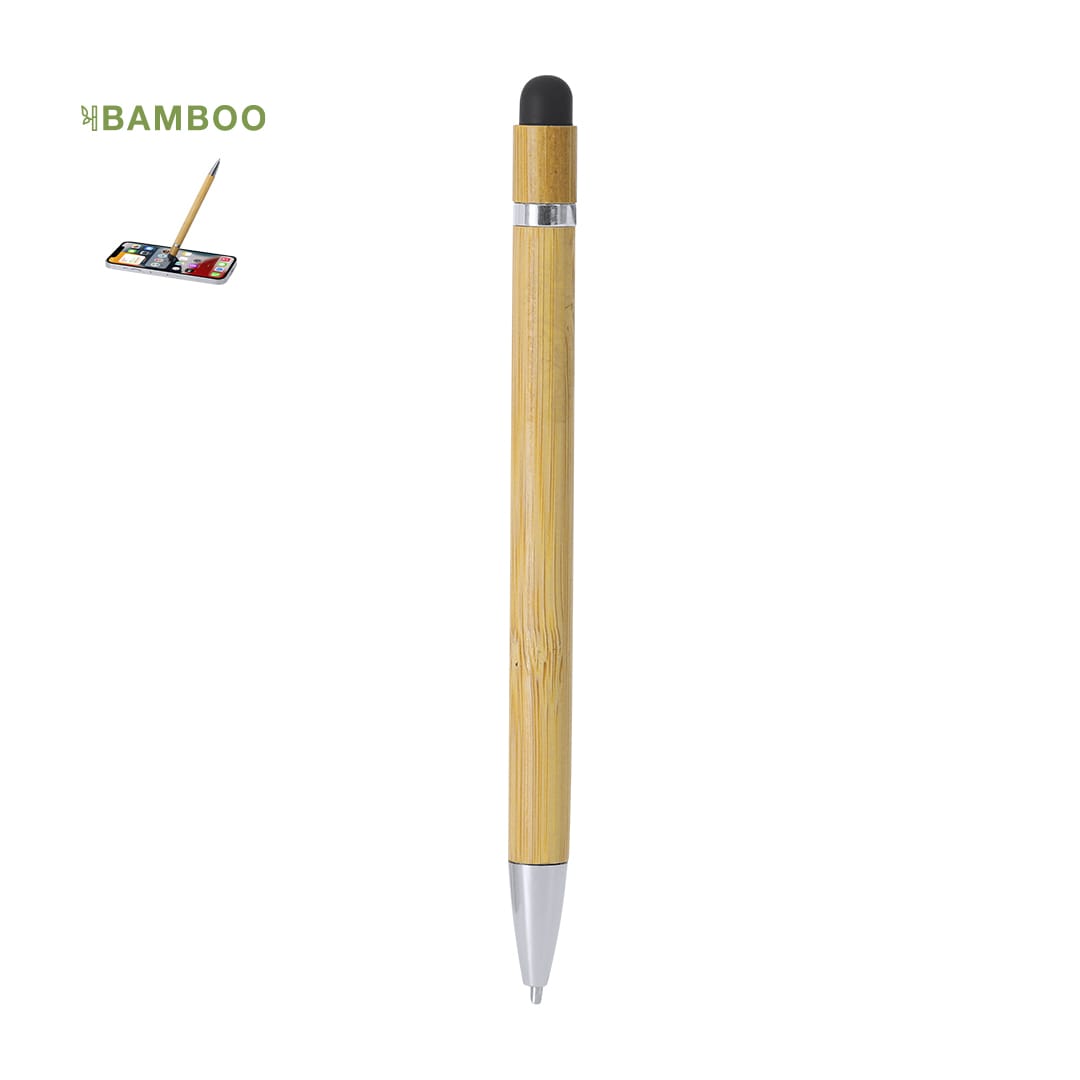 A bamboo stylus touch ball pen with a silver band and black tip, featuring a logo on the top left. Rocar Stylus Touch Ball Pen - Image 1