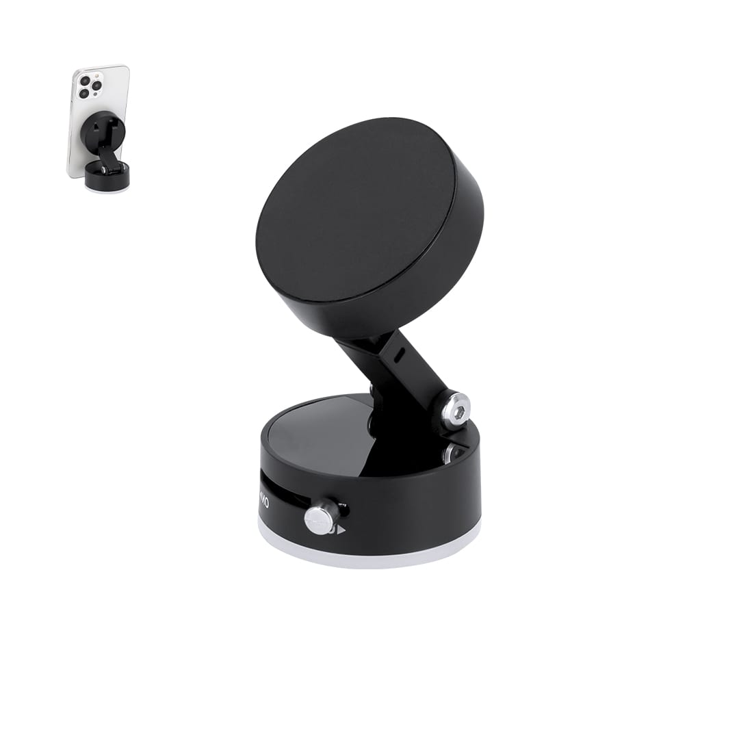 A black car phone holder with an adjustable mount and a glossy base, designed for various smartphone sizes. Varzar Holder - Image 1