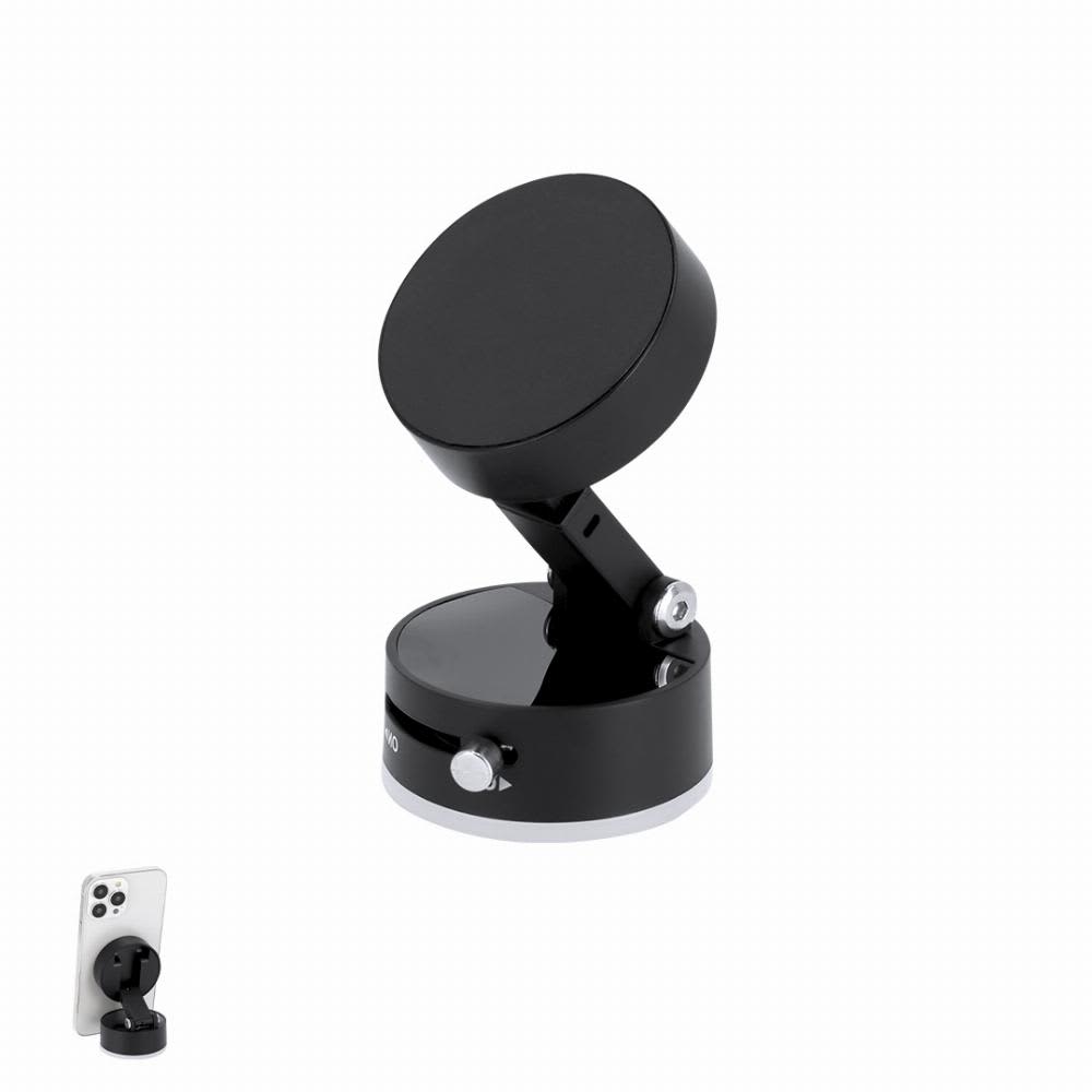 A black adjustable phone mount with a round top and a base, featuring a control knob for adjustments. Varzar - Image 1